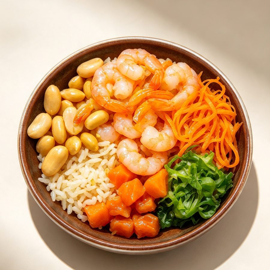 Rice bowl udang, salmon, dan rumput laut