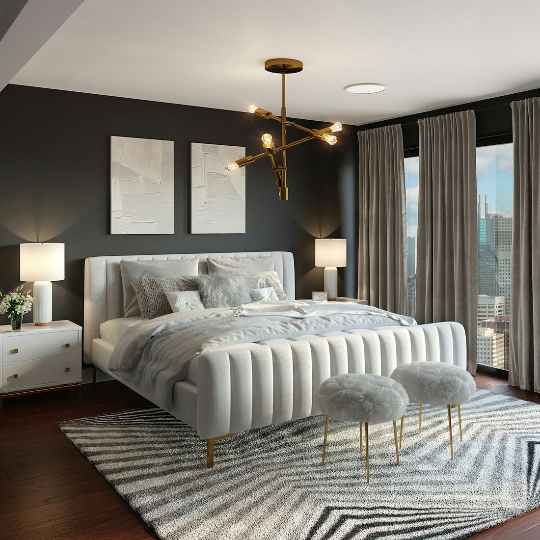 Studio Suite dengan kasur besar dan lampu gantung