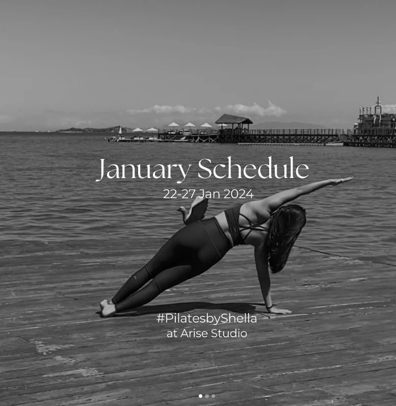 Shella side plank di dermaga, jadwal kelas di Arise Studio